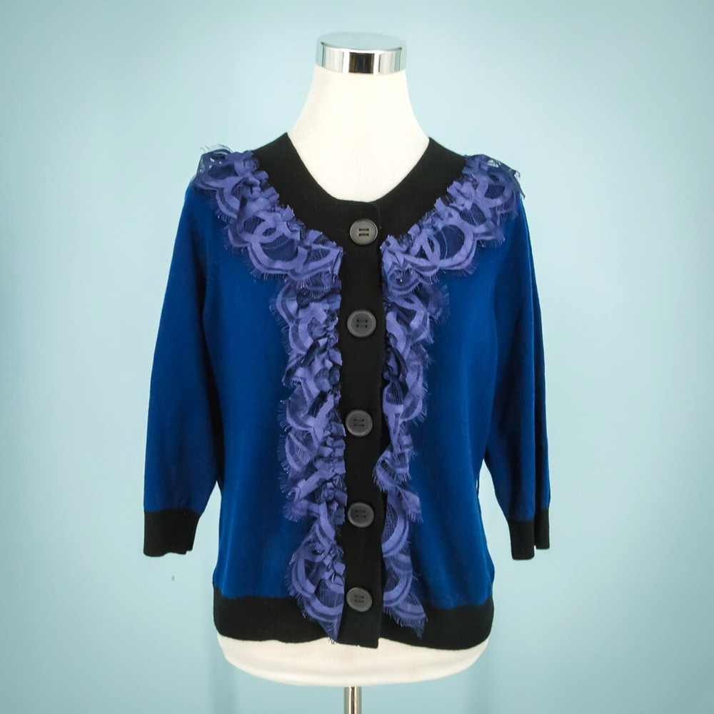 Robert Rodriguez Size Medium M Blue Black Lace Trim Button Front Down 3/4 Sleeve